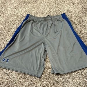 Men’s, size large, Under Armour athletic shorts. Grey with royal Blue stripes.